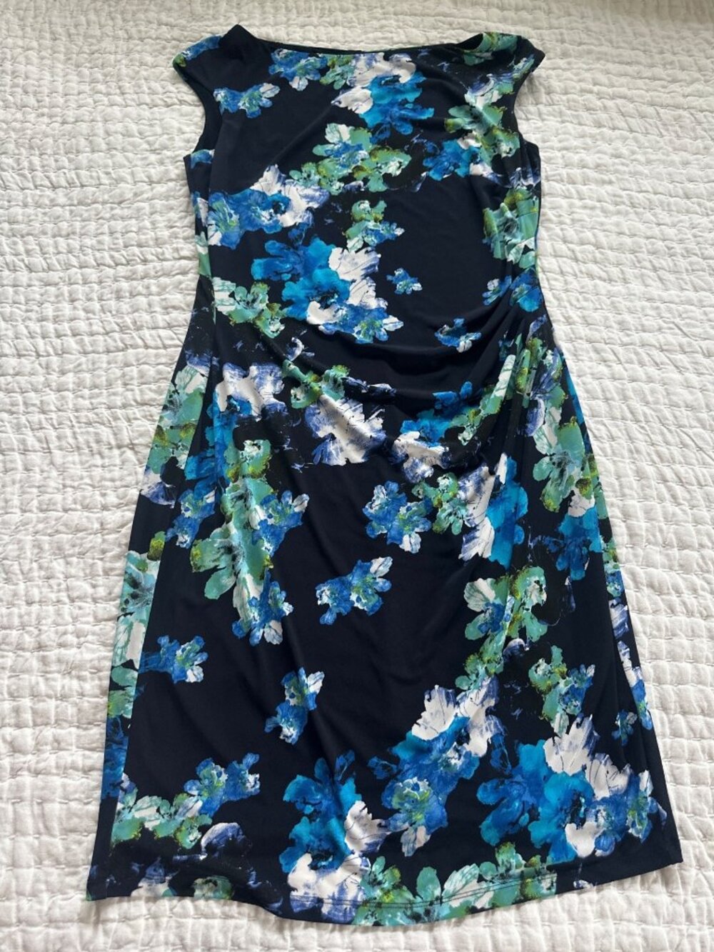 Lauren Ralph Lauren Womens Floral Ruched Sleeveless Dress Sz 14 Party Cruise Fun
